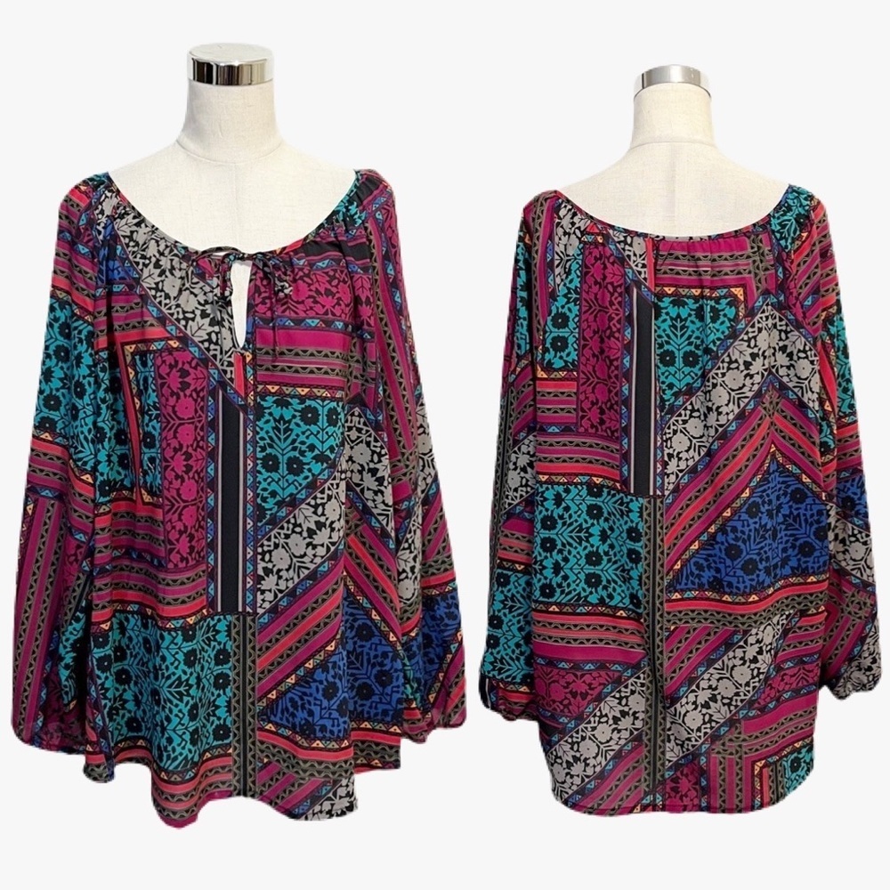 ➕ BB Dakota Patchwork Multi Patterned Blouse Womens Plus Size 3X - Picture 9 of 11